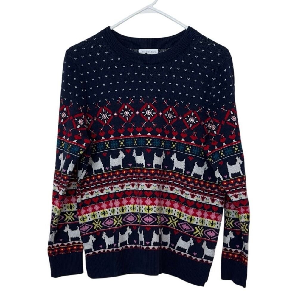 Charter Club Fair Isle Scottie Dog Crewneck Sweater Size XLP Cozy Winter Casual